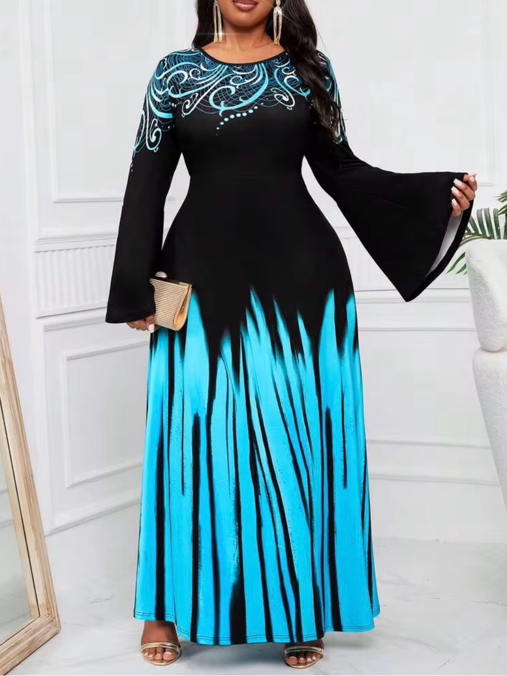 SHEIN Black & Blue Swirl-Accent Bell Sleeve Maxi Dress